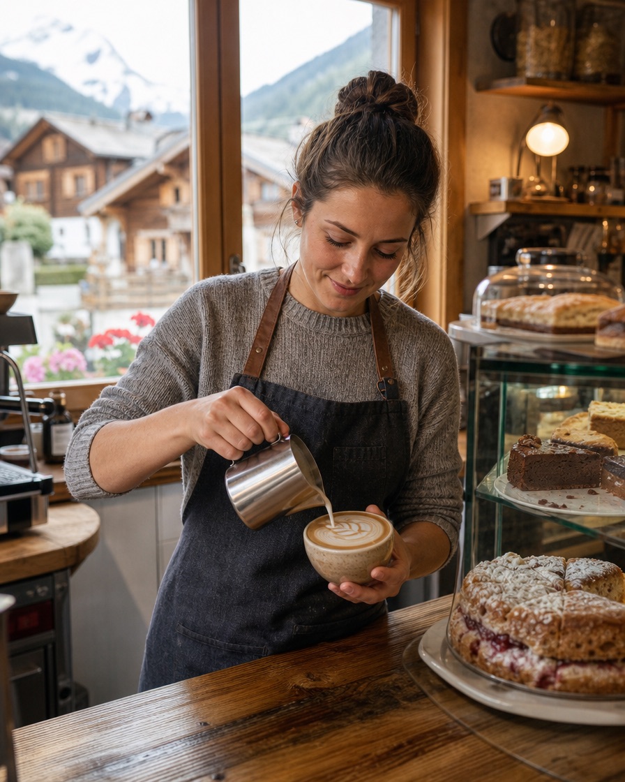 Barista gießt Latte Art in einem Café