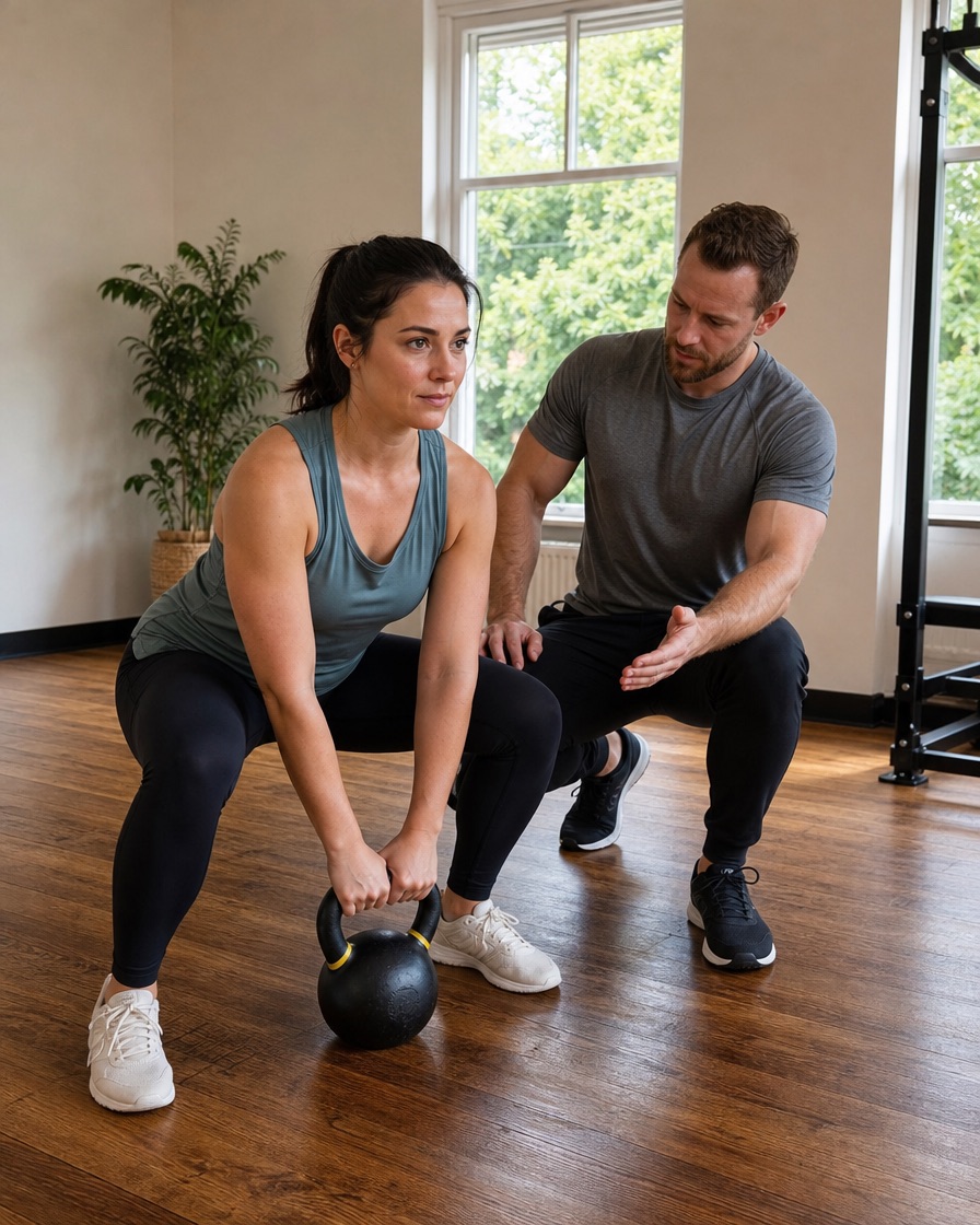 Personal Trainer betreut eine Kundin beim Kettlebell-Training