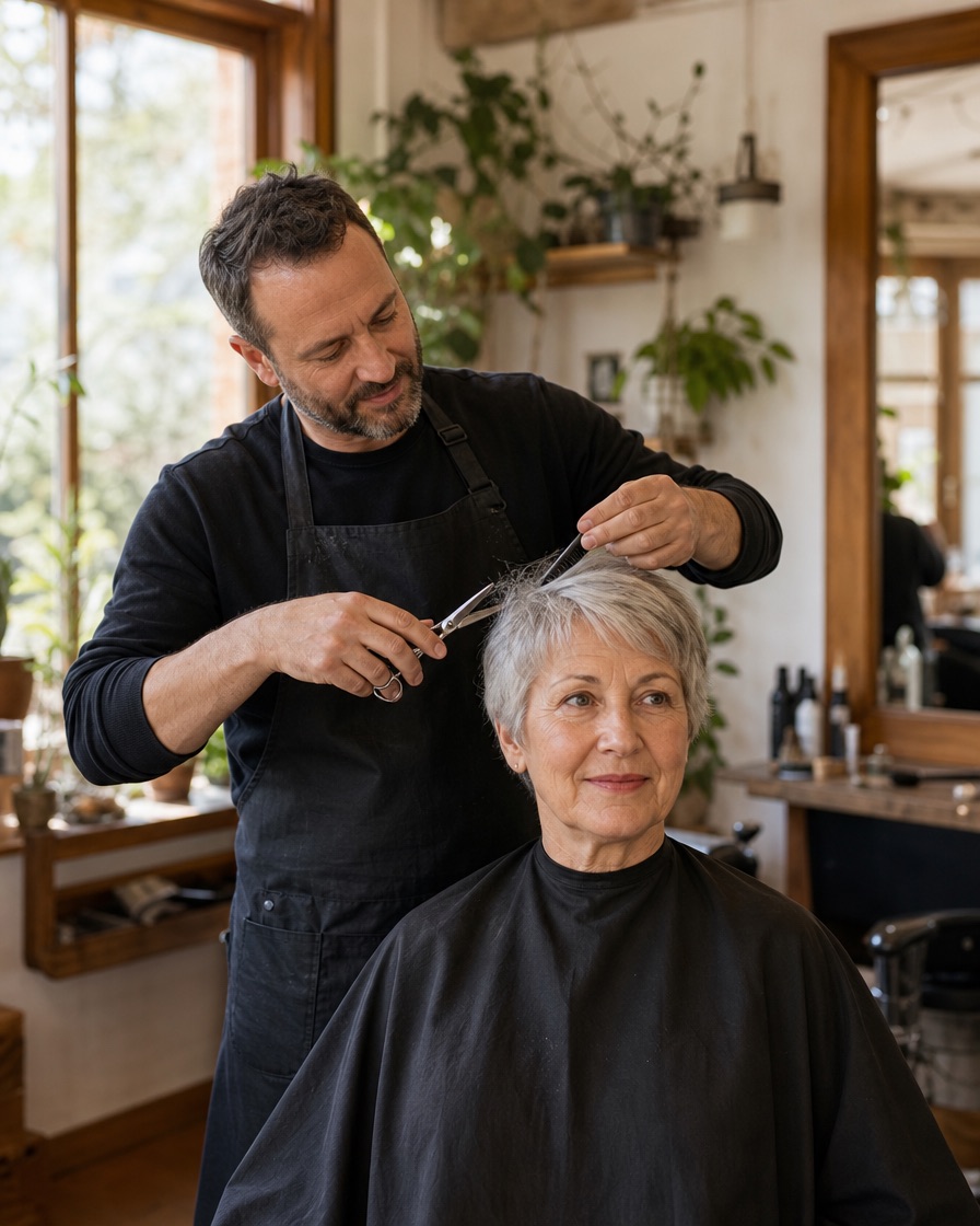 Friseur schneidet einer Kundin die Haare