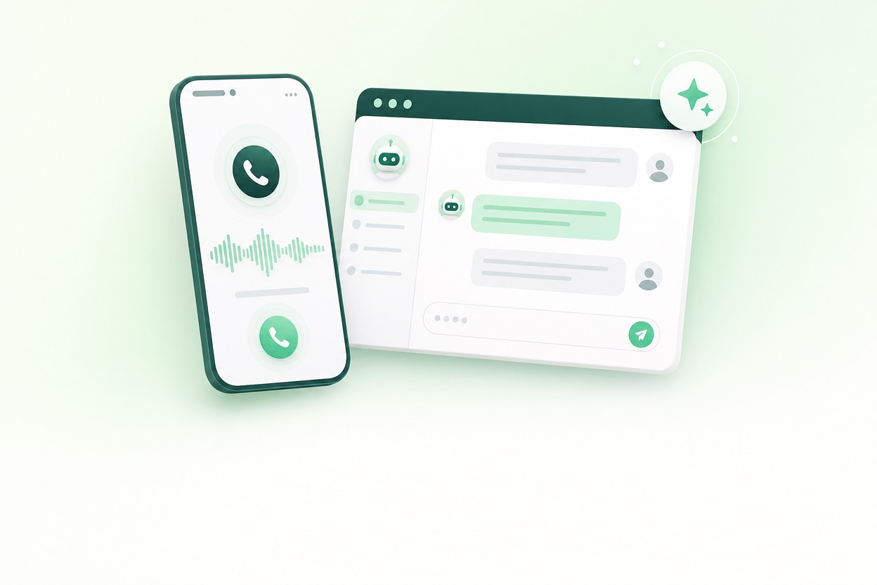 Illustration: Anruf mit KI-Sprachassistenz und Chatbot-Fenster