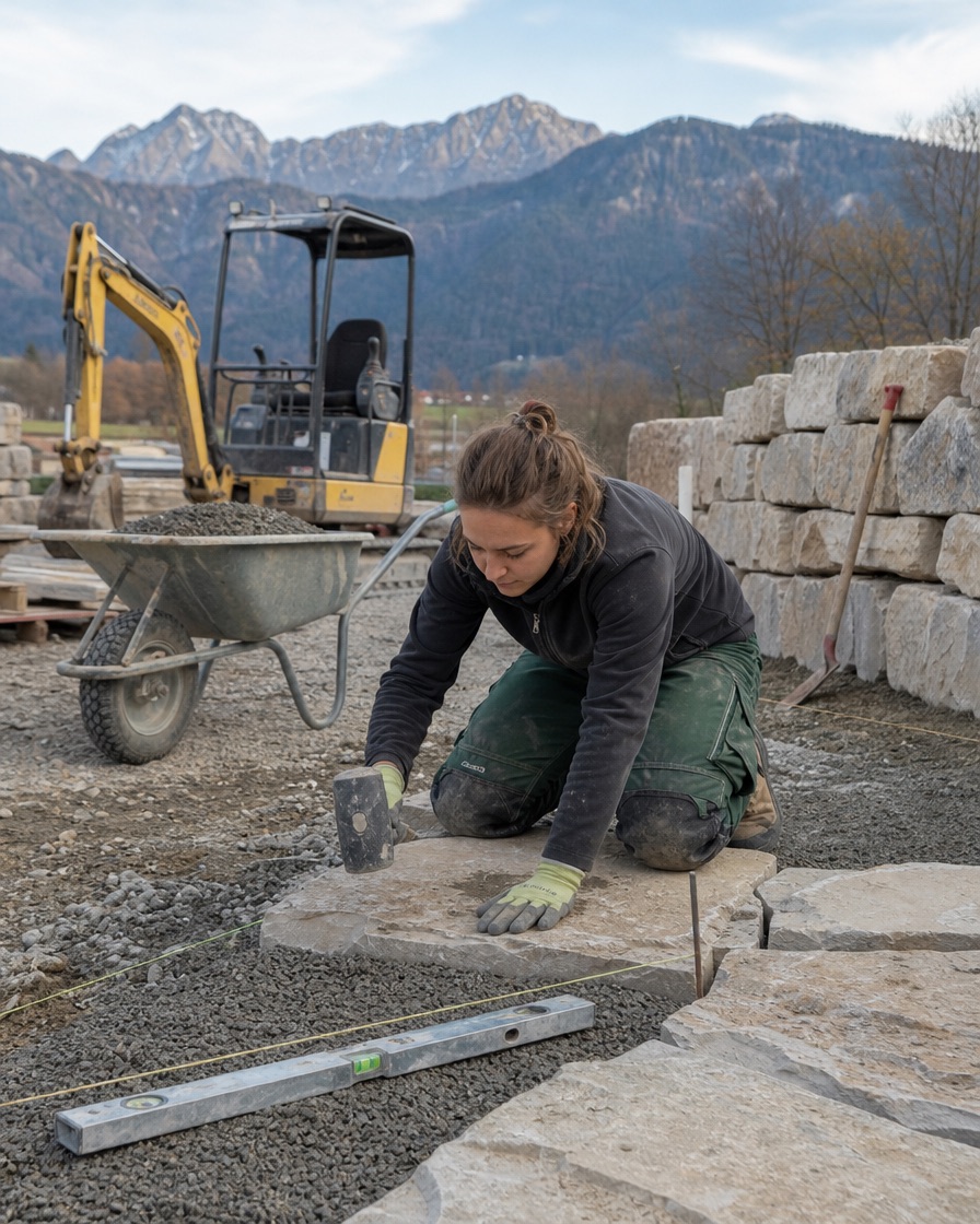 Junge Landschaftsbauerin verlegt Natursteinplatten auf einer Baustelle mit Minibagger