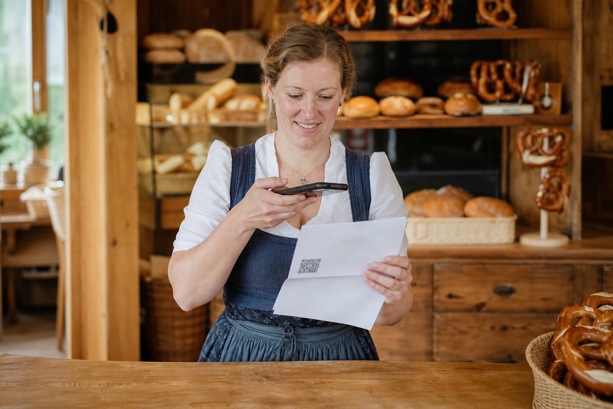 Bäckerin scannt an ihrer Theke den QR-Code auf einem Brief mit dem Handy