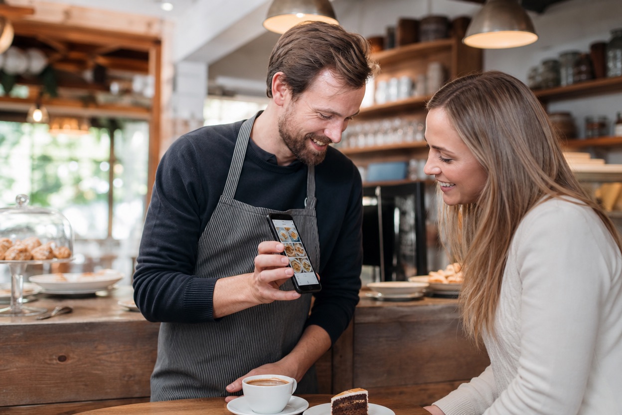 Café-Besitzer zeigt einer Kundin die neue Website auf dem Handy