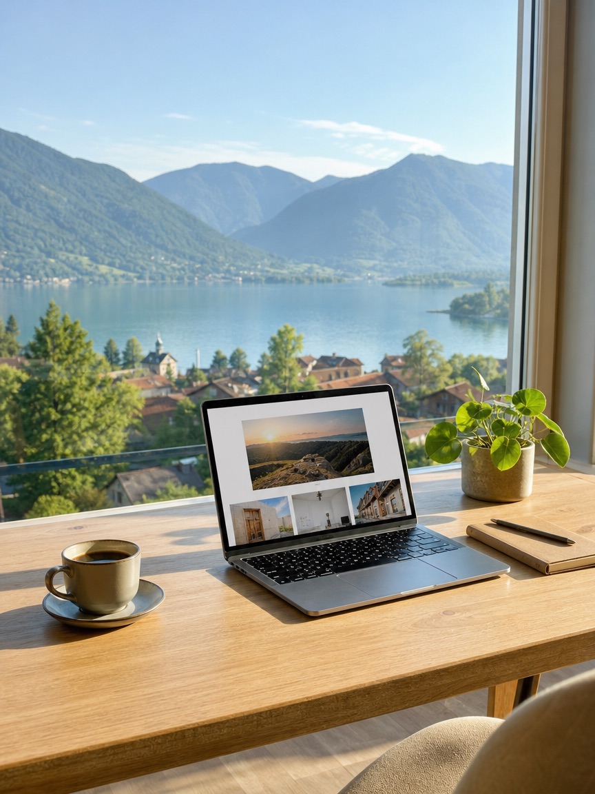 Arbeitsplatz mit Laptop am Fenster, draußen See und Berge
