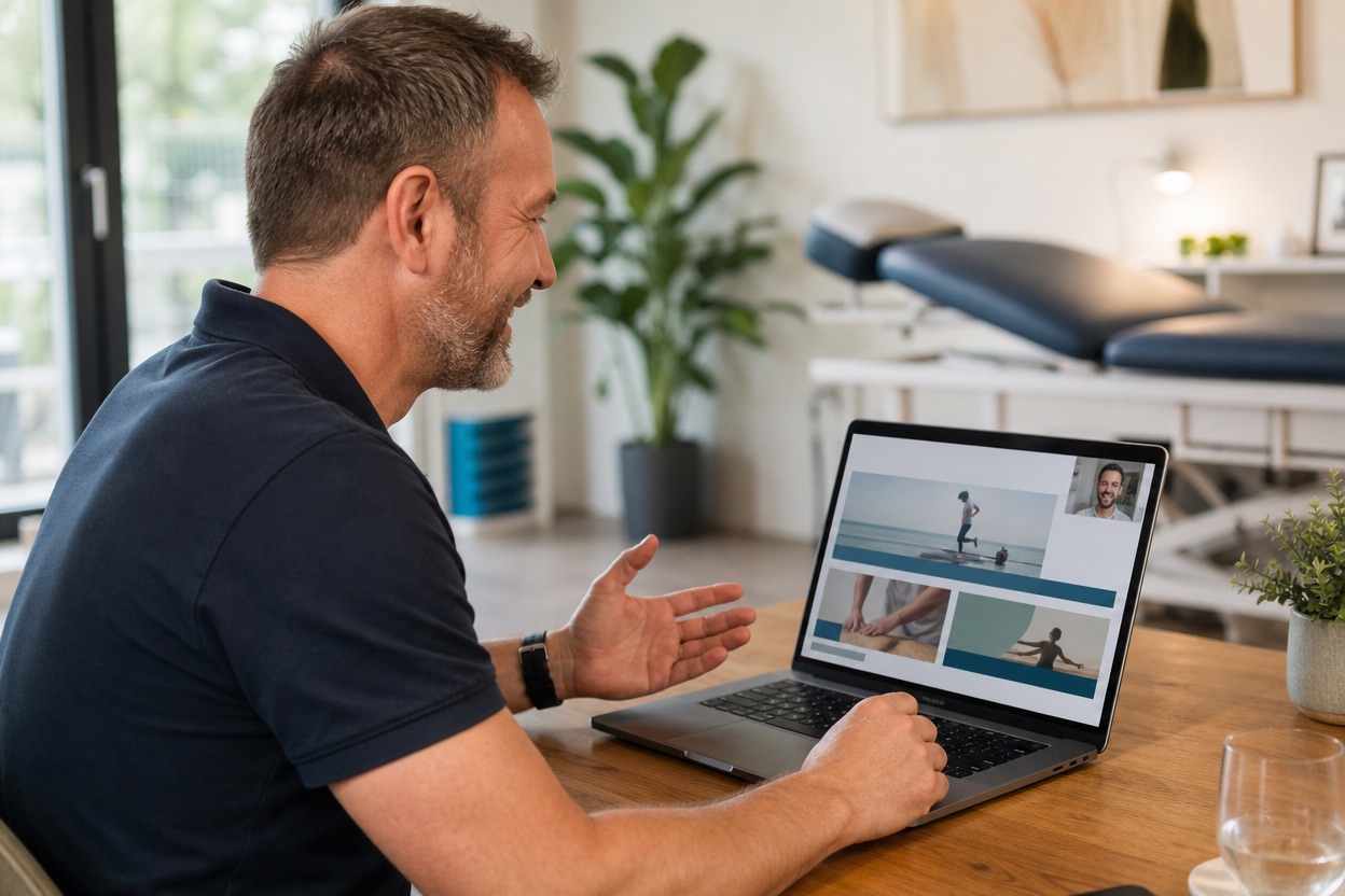 Physiotherapeut im Videocall am Laptop in seiner Praxis
